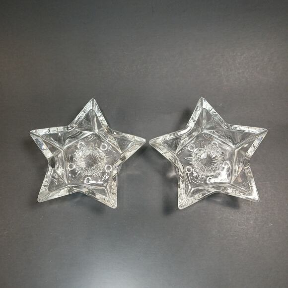 2 Star Shaped Candle Stick Holders Vintage Clear Cut Glass 5 Point Star MCM Set - Picture 1 of 7
